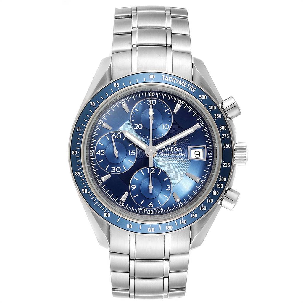 This is a front view of an Omega Speedmaster 3212.80.00 Men
s Stainless Steel Blue Dial 3212.80.00 Men
s Stainless Steel Blue Dial watch showing its dial, subdials, date window, and tachymeter bezel.