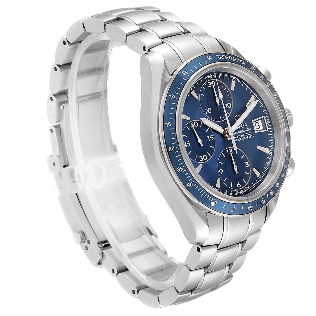 This image shows the Omega Speedmaster 3212.80.00 Men
s Stainless Steel Blue Dial 3212.80.00 Men
s Stainless Steel Blue Dial watch from a three-quarter angle, highlighting the face, bezel, and bracelet.