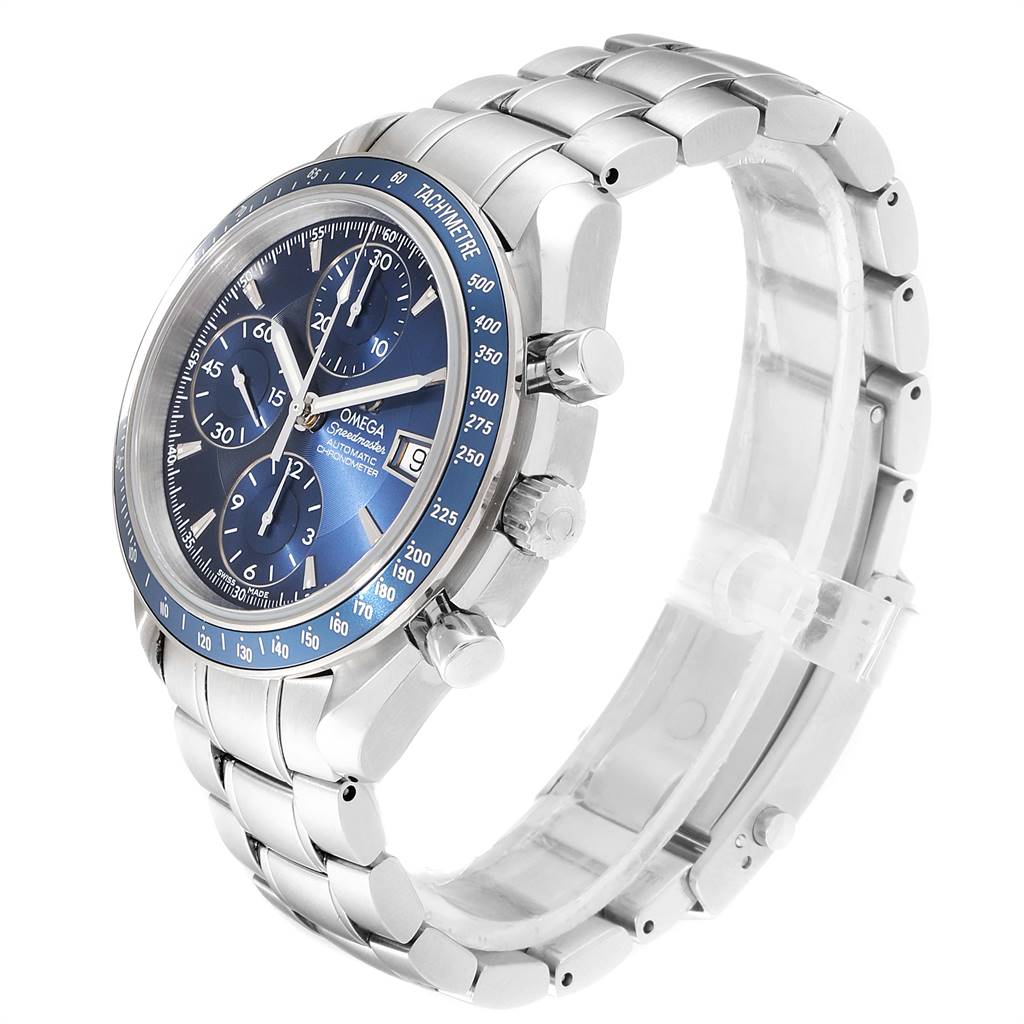 The image shows an Omega Speedmaster 3212.80.00 Men
s Stainless Steel Blue Dial 3212.80.00 Men
s Stainless Steel Blue Dial watch at a three-quarter angle, highlighting the blue dial, bezel, and metal bracelet.
