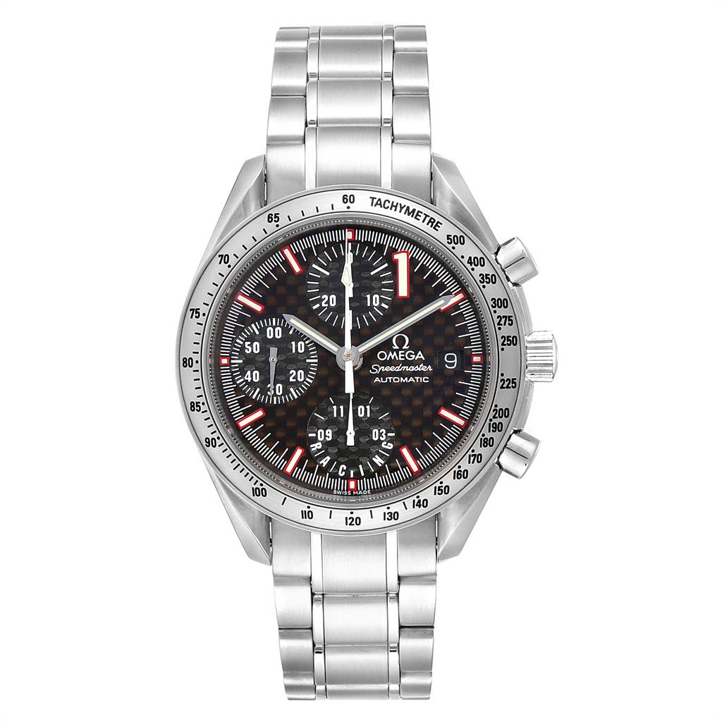 This image shows a front view of the Omega Speedmaster 3519.50.00 Men's Stainless Steel Black Dial 3519.50.00 Men's Stainless Steel Black Dial watch, displaying its face, bezel, and metal bracelet.