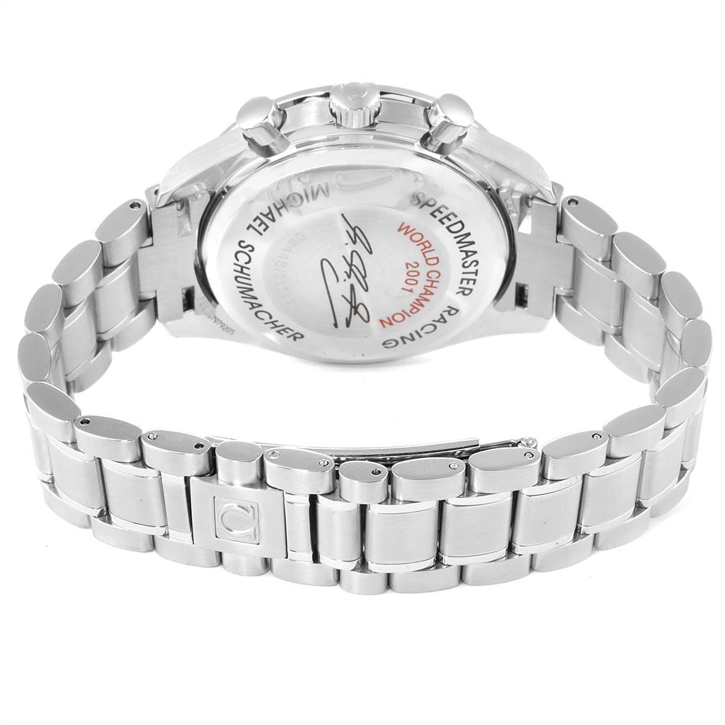 The image shows the back and bracelet of an Omega Speedmaster 3519.50.00 Men's Stainless Steel Black Dial 3519.50.00 Men's Stainless Steel Black Dial watch, displaying the case back with inscriptions.