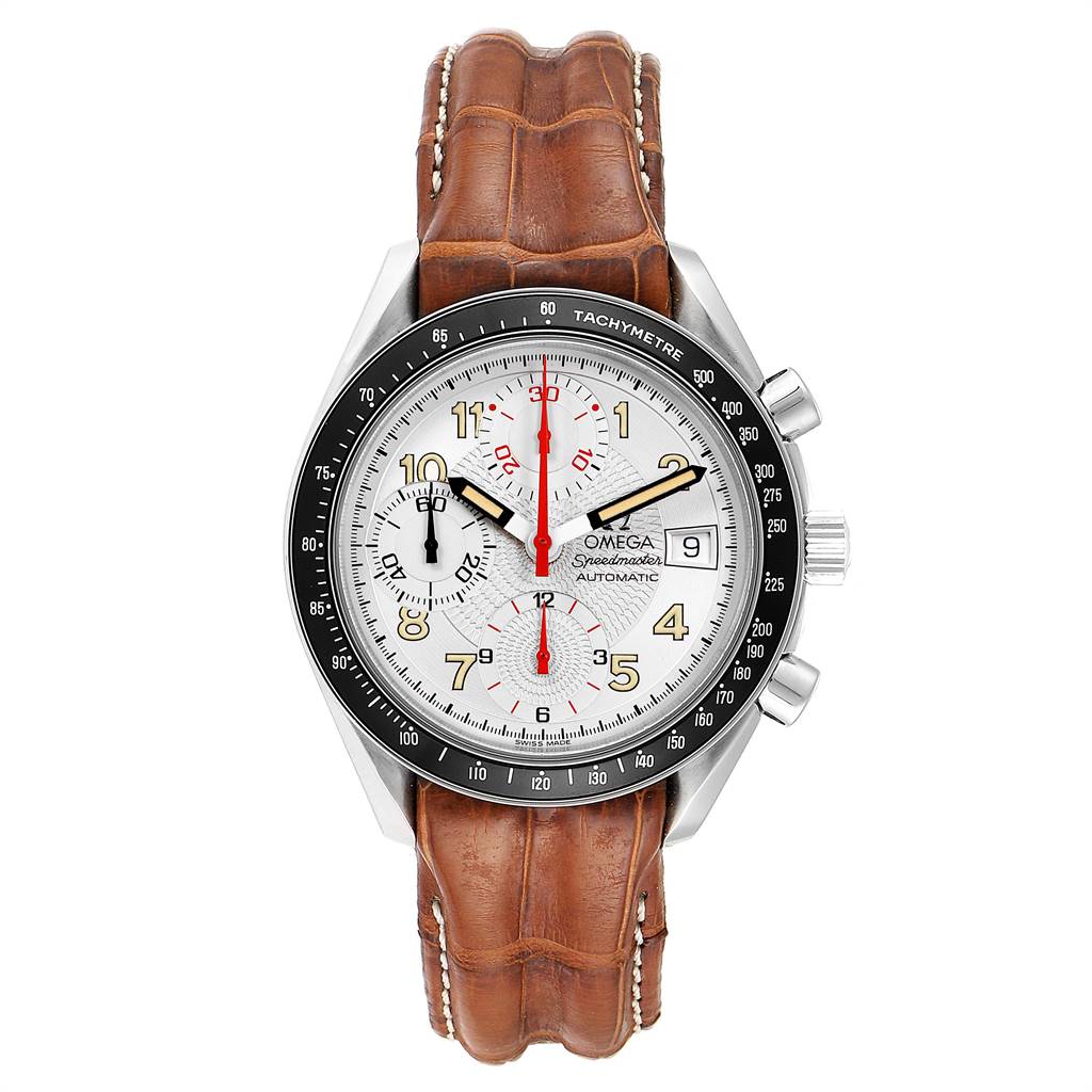 The Omega Speedmaster 3513.33.00 Men
s Stainless Steel White Dial 3513.33.00 Men
s Stainless Steel White Dial watch is shown from a front angle, displaying the dial, bezel, chronograph functions, and brown leather strap.