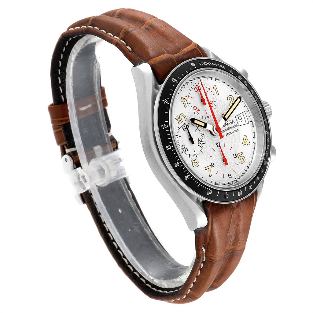 This image shows an Omega Speedmaster 3513.33.00 Men
s Stainless Steel White Dial 3513.33.00 Men
s Stainless Steel White Dial watch at a three-quarter angle with a brown leather strap and a view of the watch face.