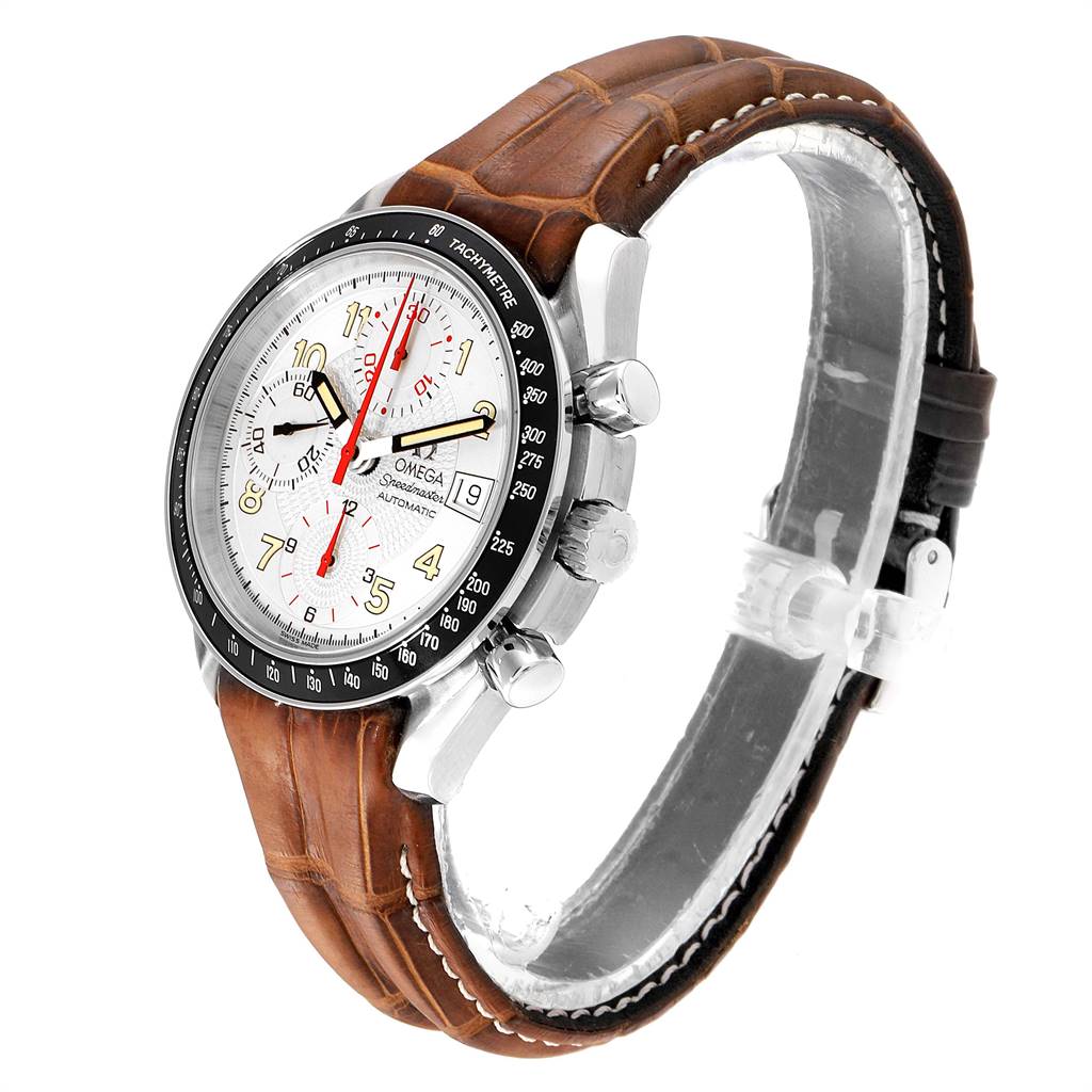 This image shows an Omega Speedmaster 3513.33.00 Men
s Stainless Steel White Dial 3513.33.00 Men
s Stainless Steel White Dial watch from a three-quarter side view, featuring its dial, bezel, pushers, and leather strap.