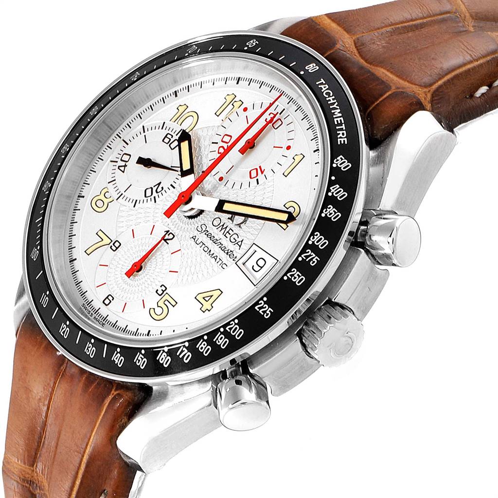 The image shows an angled view of an Omega Speedmaster 3513.33.00 Men
s Stainless Steel White Dial 3513.33.00 Men
s Stainless Steel White Dial watch
s face, side buttons, and brown leather strap.