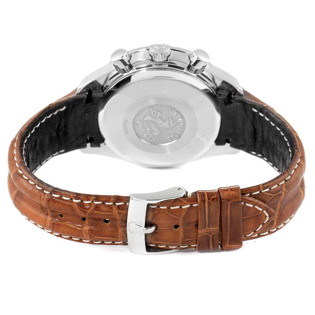 This image shows the back view of the Omega Speedmaster 3513.33.00 Men
s Stainless Steel White Dial 3513.33.00 Men
s Stainless Steel White Dial watch, highlighting the case back, pushers, and brown leather strap with buckle.