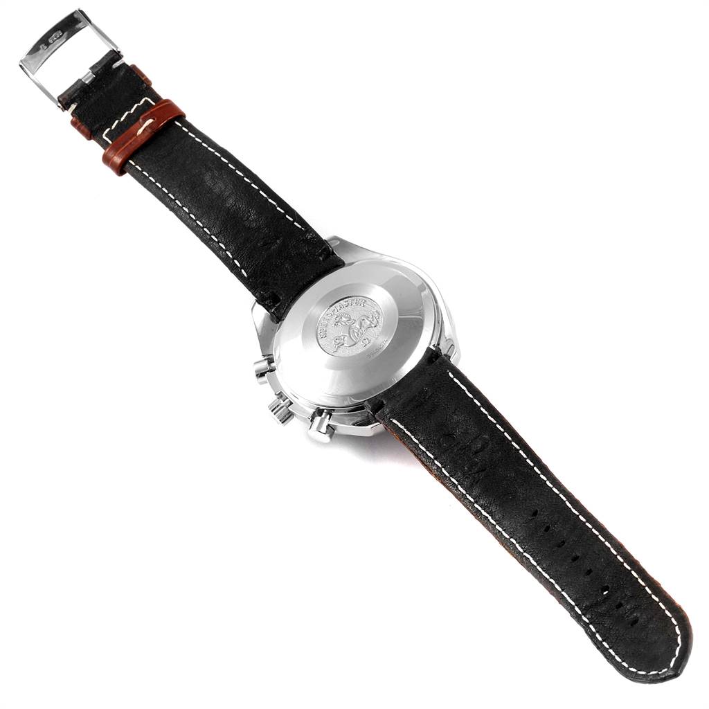 This image shows the back of the Omega Speedmaster 3513.33.00 Men
s Stainless Steel White Dial 3513.33.00 Men
s Stainless Steel White Dial watch including its case back, buttons, and black leather strap.