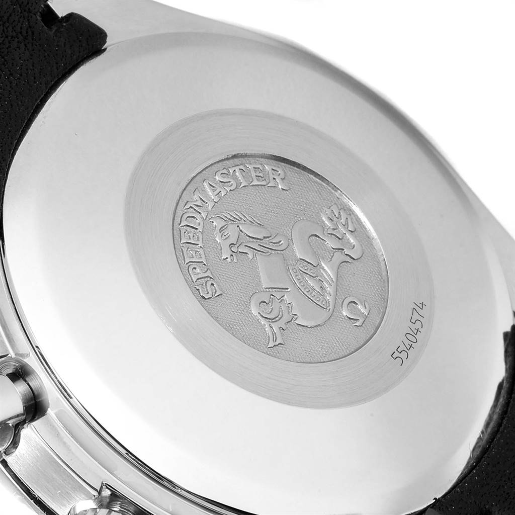 The image shows the back case of an Omega Speedmaster 3513.33.00 Men
s Stainless Steel White Dial 3513.33.00 Men
s Stainless Steel White Dial watch, highlighting the engraved logo and model name.