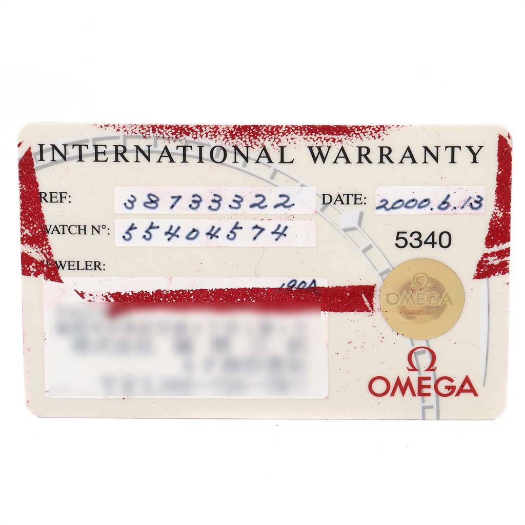The image shows an Omega Speedmaster 3513.33.00 Men
s Stainless Steel White Dial 3513.33.00 Men
s Stainless Steel White Dial International Warranty card displaying the reference number, watch number, jeweler, and date.