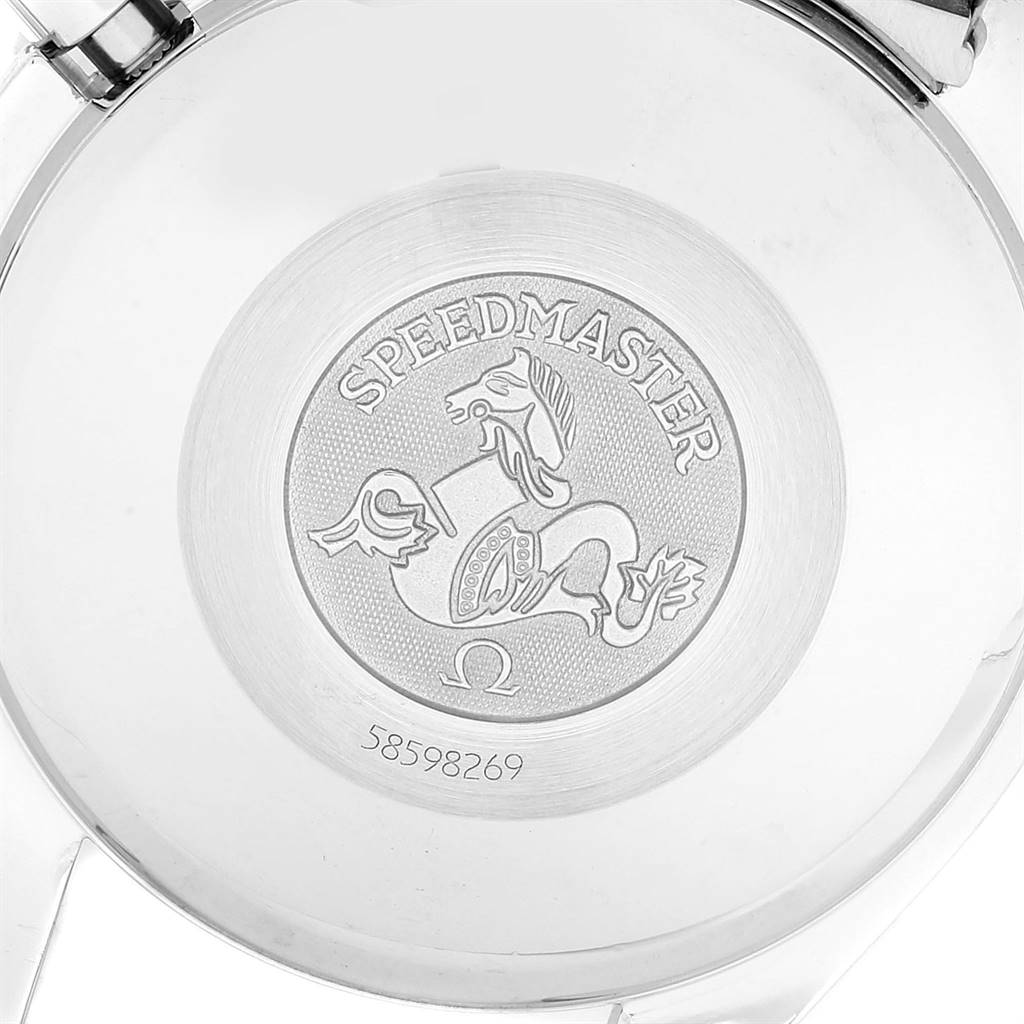 The image shows the engraved case back of an Omega Speedmaster 3523.80.00 Men
s Stainless Steel Blue Dial 3523.80.00 Men
s Stainless Steel Blue Dial watch.