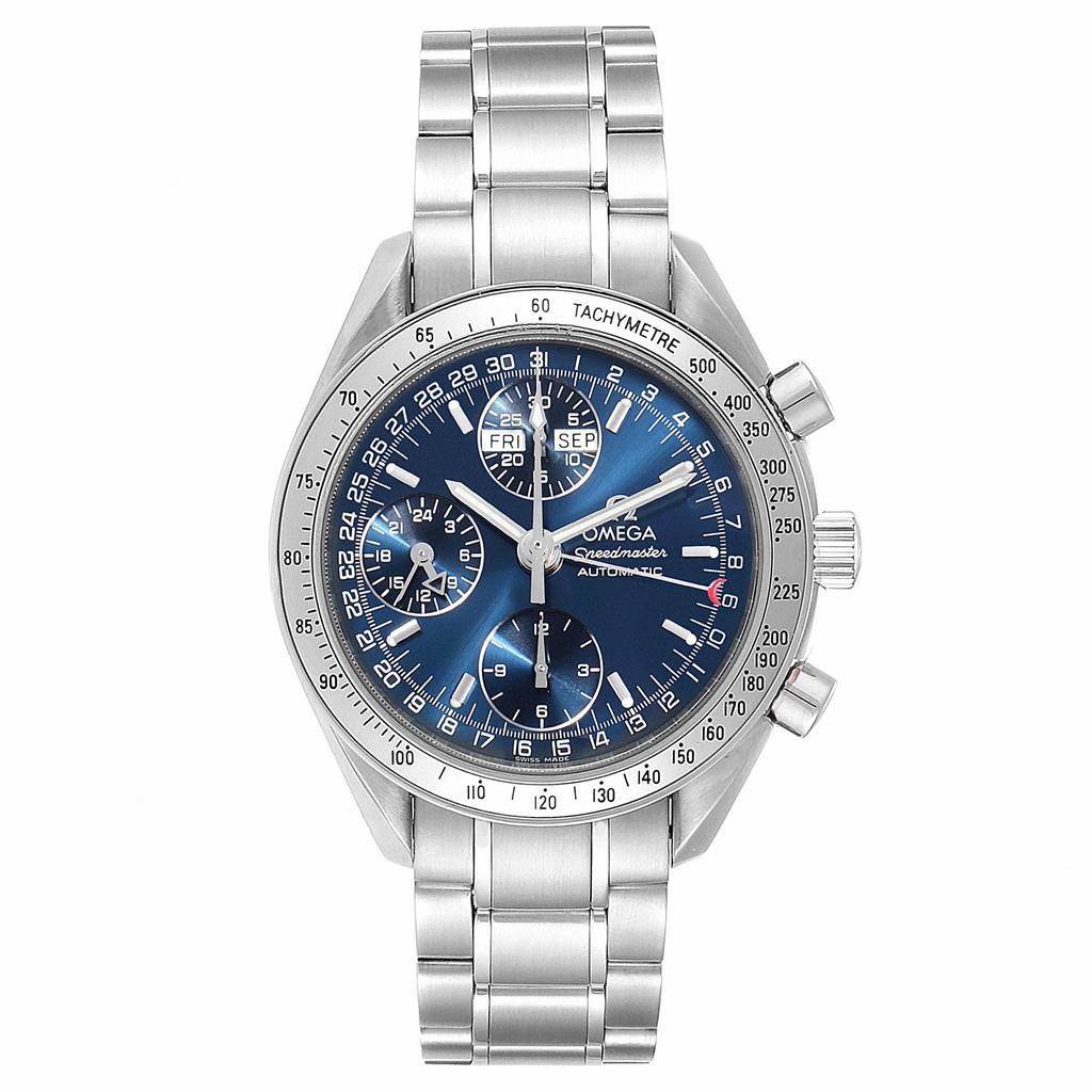 The Omega Speedmaster 3523.80.00 Men
s Stainless Steel Blue Dial 3523.80.00 Men
s Stainless Steel Blue Dial watch is shown from the front, displaying its face, dials, and stainless steel bracelet.