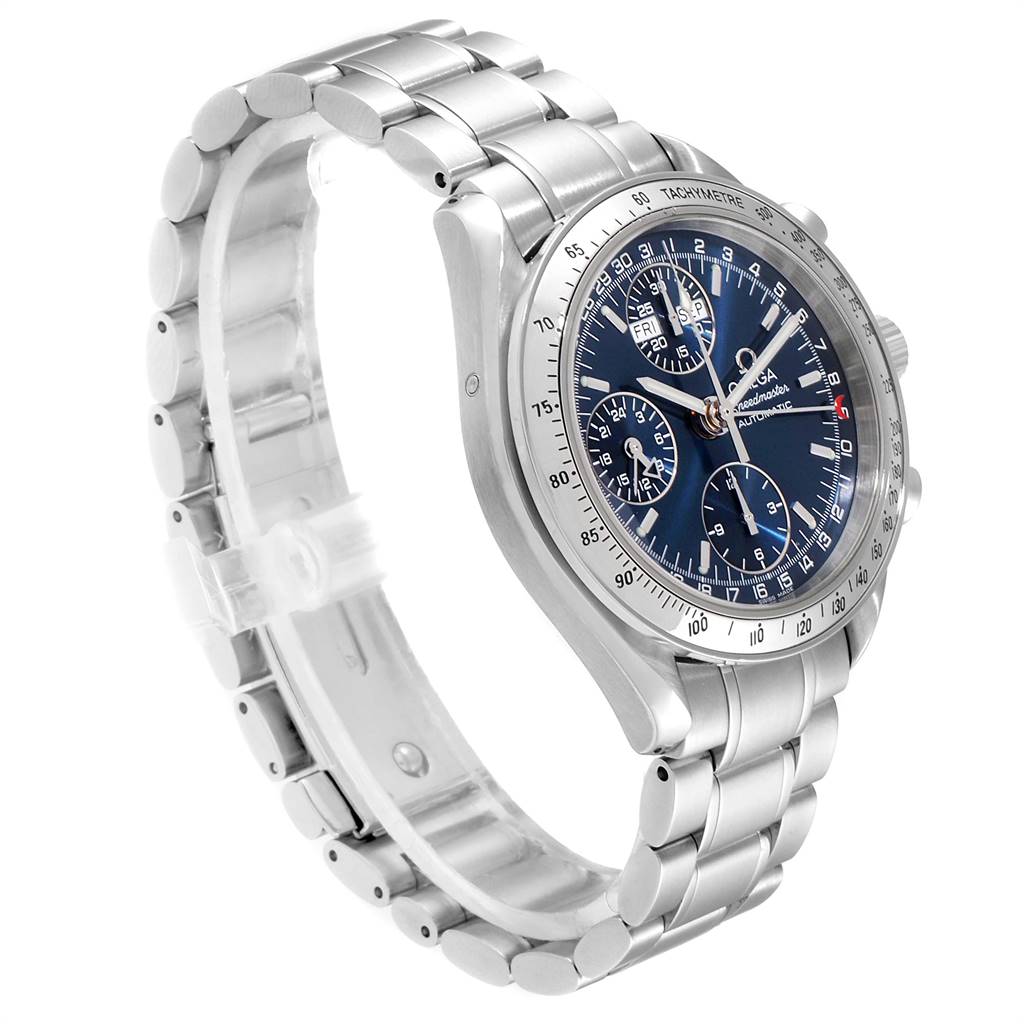 The image shows an Omega Speedmaster 3523.80.00 Men
s Stainless Steel Blue Dial 3523.80.00 Men
s Stainless Steel Blue Dial watch at a three-quarter angle, highlighting its bracelet, case, and watch face.