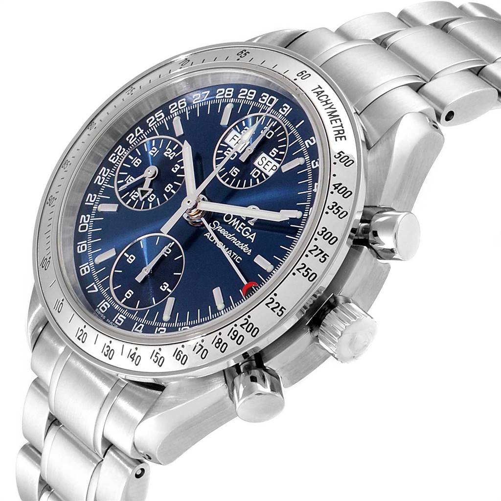 The image shows an Omega Speedmaster 3523.80.00 Men
s Stainless Steel Blue Dial 3523.80.00 Men
s Stainless Steel Blue Dial watch angled to display its dial, case, bezel, pushers, and bracelet.