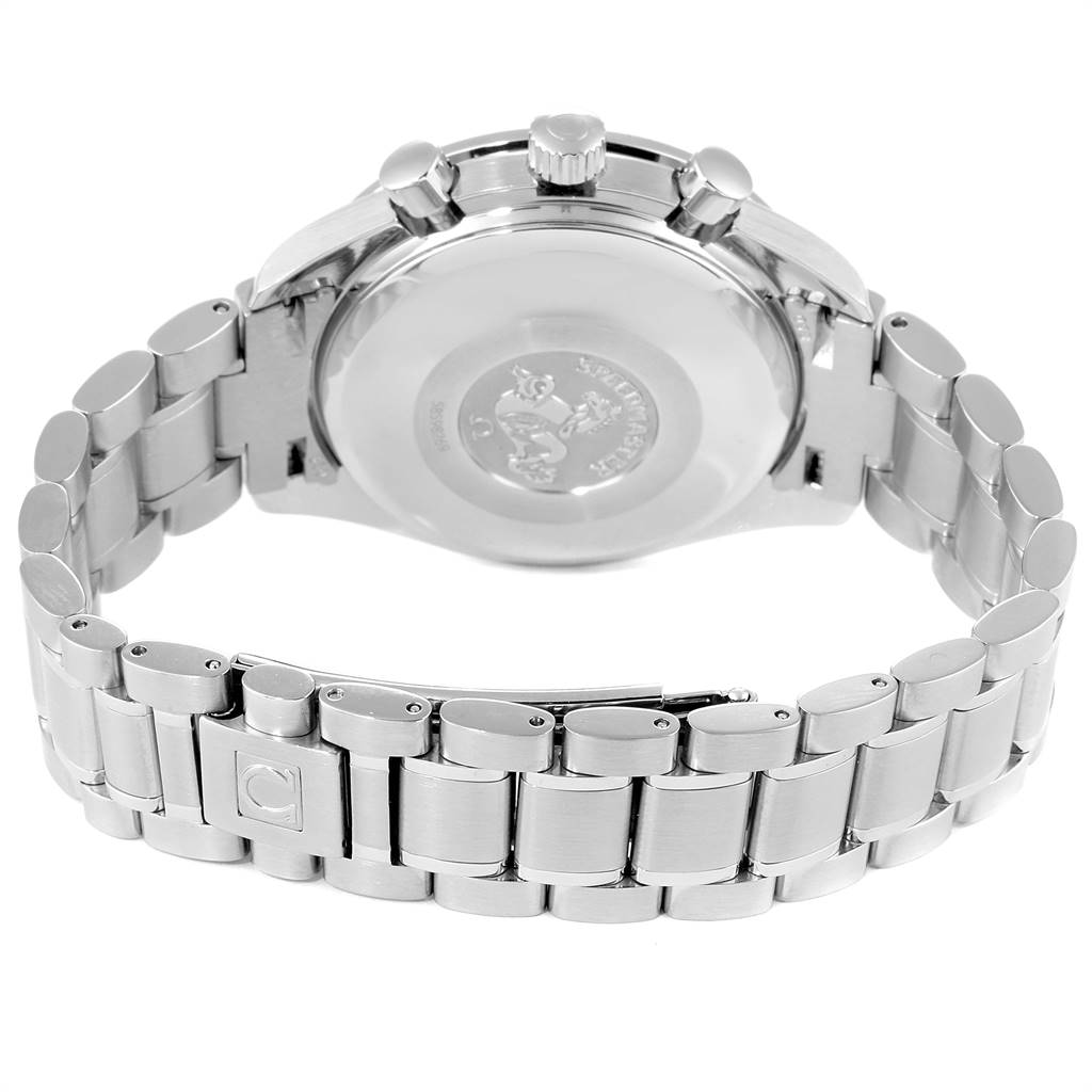 The image shows the back view of the Omega Speedmaster 3523.80.00 Men
s Stainless Steel Blue Dial 3523.80.00 Men
s Stainless Steel Blue Dial watch, focusing on the clasp and bracelet.