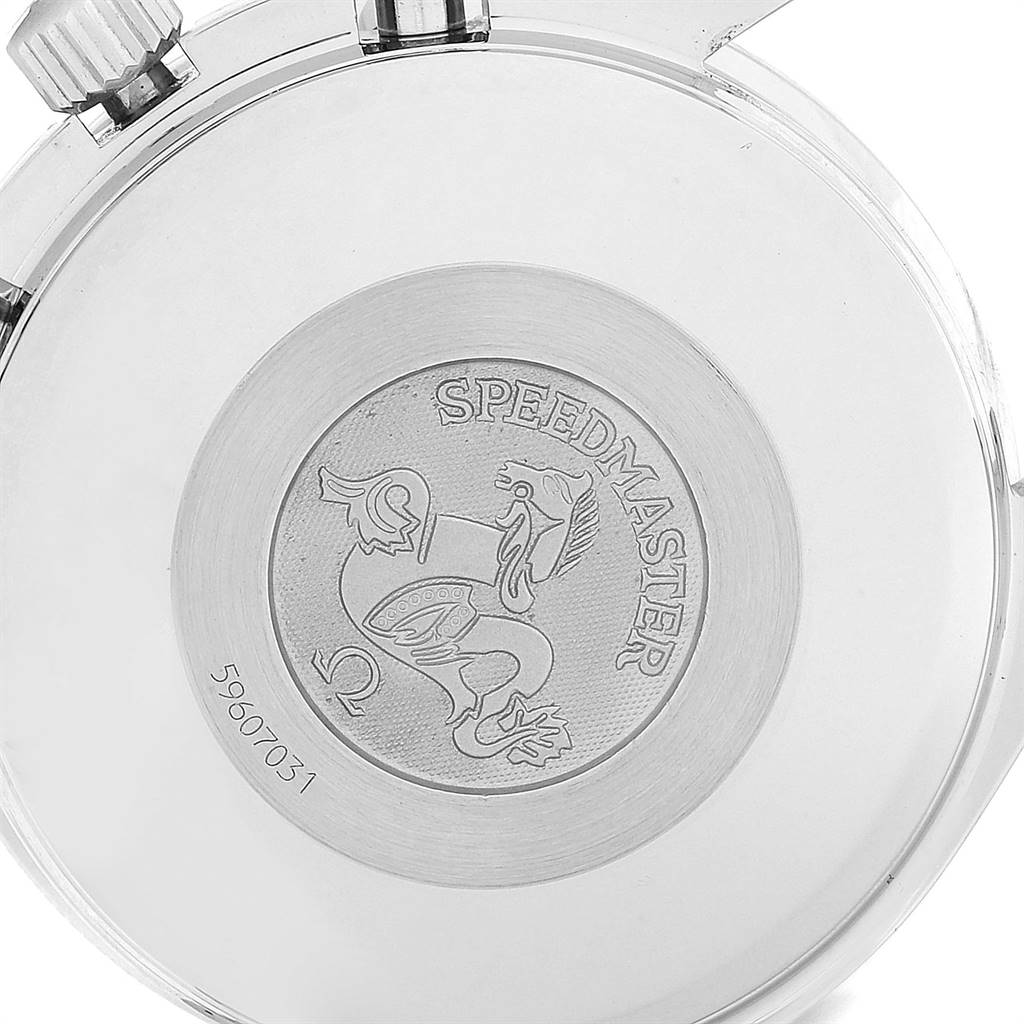 The image shows the back case of an Omega Speedmaster 3523.80.00 Men
s Stainless Steel Blue Dial 3523.80.00 Men
s Stainless Steel Blue Dial watch, featuring the engraved logo and serial number.