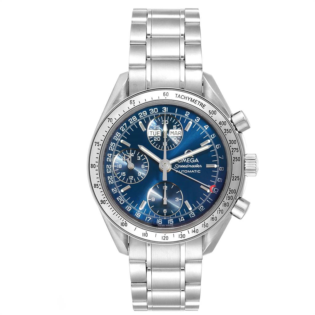 This image shows a frontal view of the Omega Speedmaster 3523.80.00 Men
s Stainless Steel Blue Dial 3523.80.00 Men
s Stainless Steel Blue Dial watch, displaying its stainless steel bracelet, dial, and tachymeter bezel.