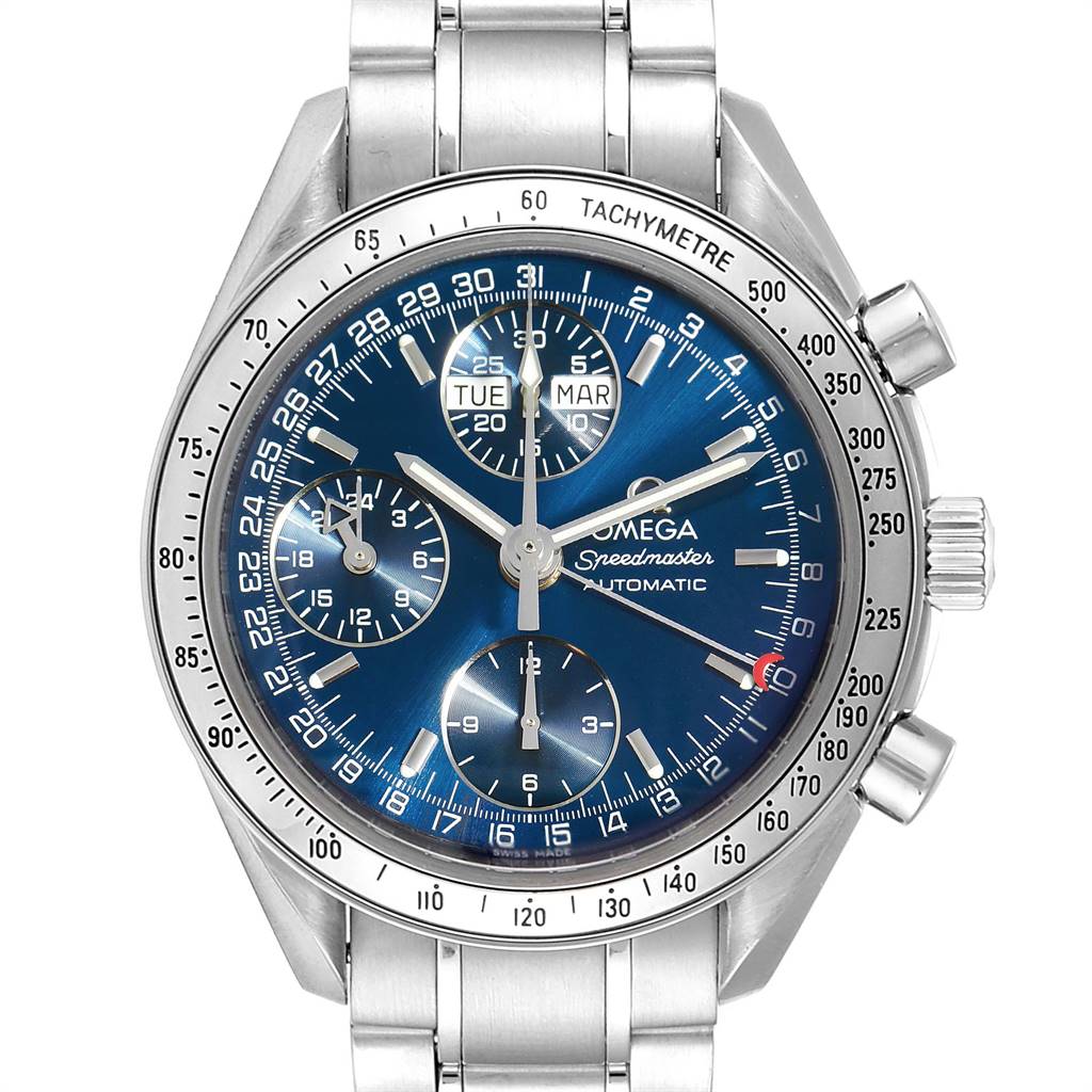 A front view of the Omega Speedmaster 3523.80.00 Men
s Stainless Steel Blue Dial 3523.80.00 Men
s Stainless Steel Blue Dial watch showing the dial, subdials, tachymetre bezel, and stainless steel bracelet.