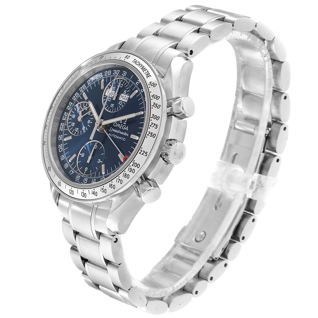 The Omega Speedmaster 3523.80.00 Men
s Stainless Steel Blue Dial 3523.80.00 Men
s Stainless Steel Blue Dial watch is shown at a three-quarter angle displaying its face, bezel, side pushers, and bracelet.