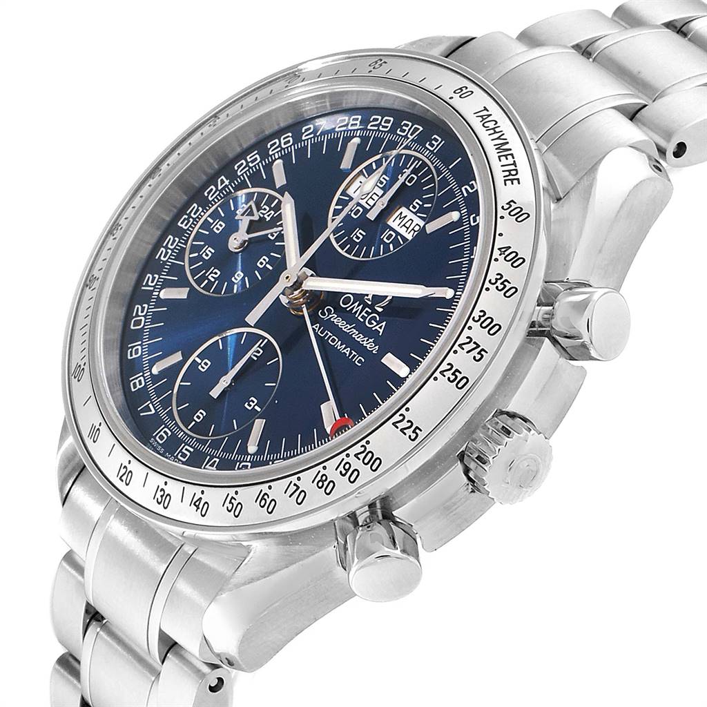 This image shows an angled view of the Omega Speedmaster 3523.80.00 Men
s Stainless Steel Blue Dial 3523.80.00 Men
s Stainless Steel Blue Dial watch, detailing the face, tachymeter bezel, crown, and pushers.