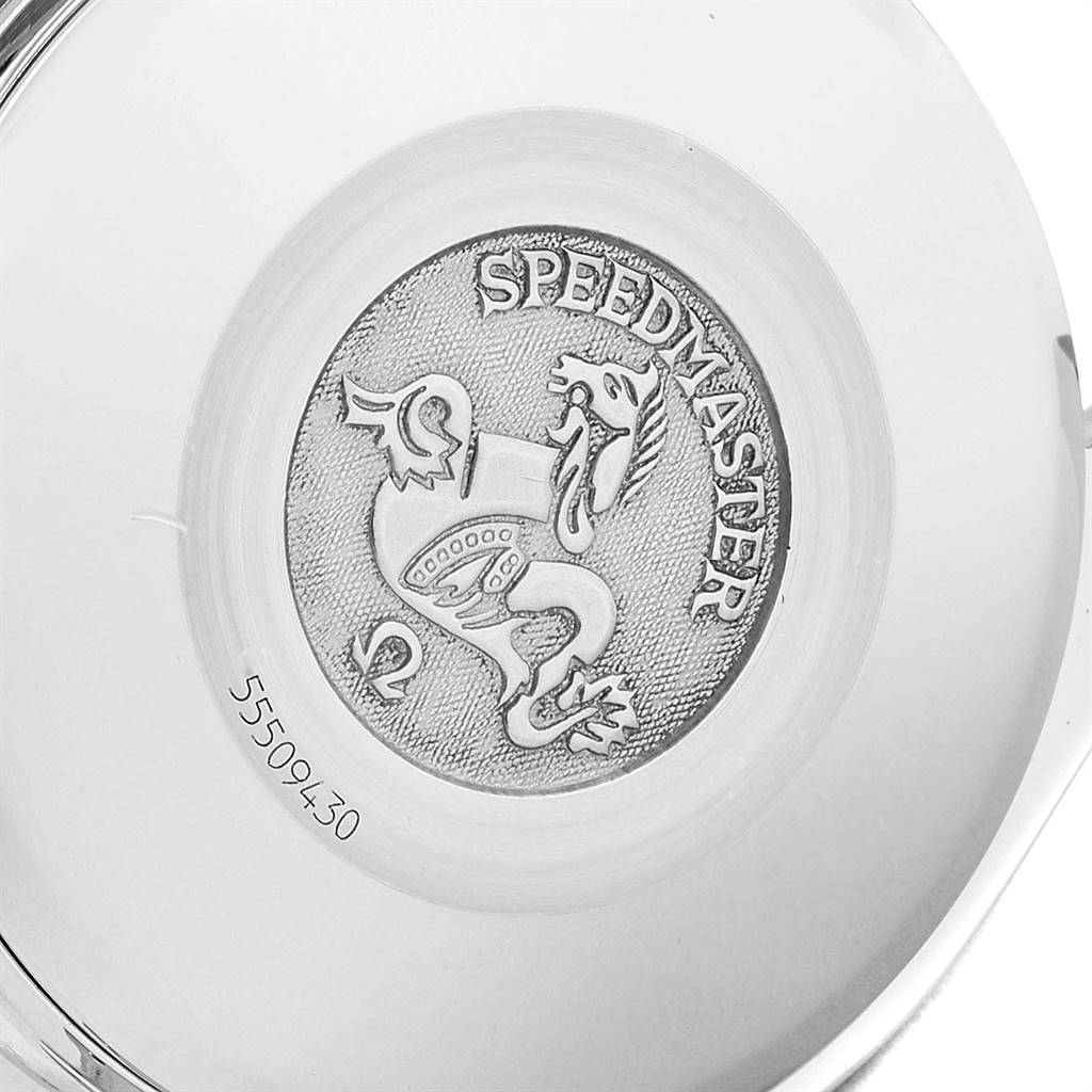 This image shows the back case of an Omega Speedmaster 3521.80.00 Men
s Stainless Steel Blue Dial 3521.80.00 Men
s Stainless Steel Blue Dial watch, featuring a detailed engraving with a serial number.