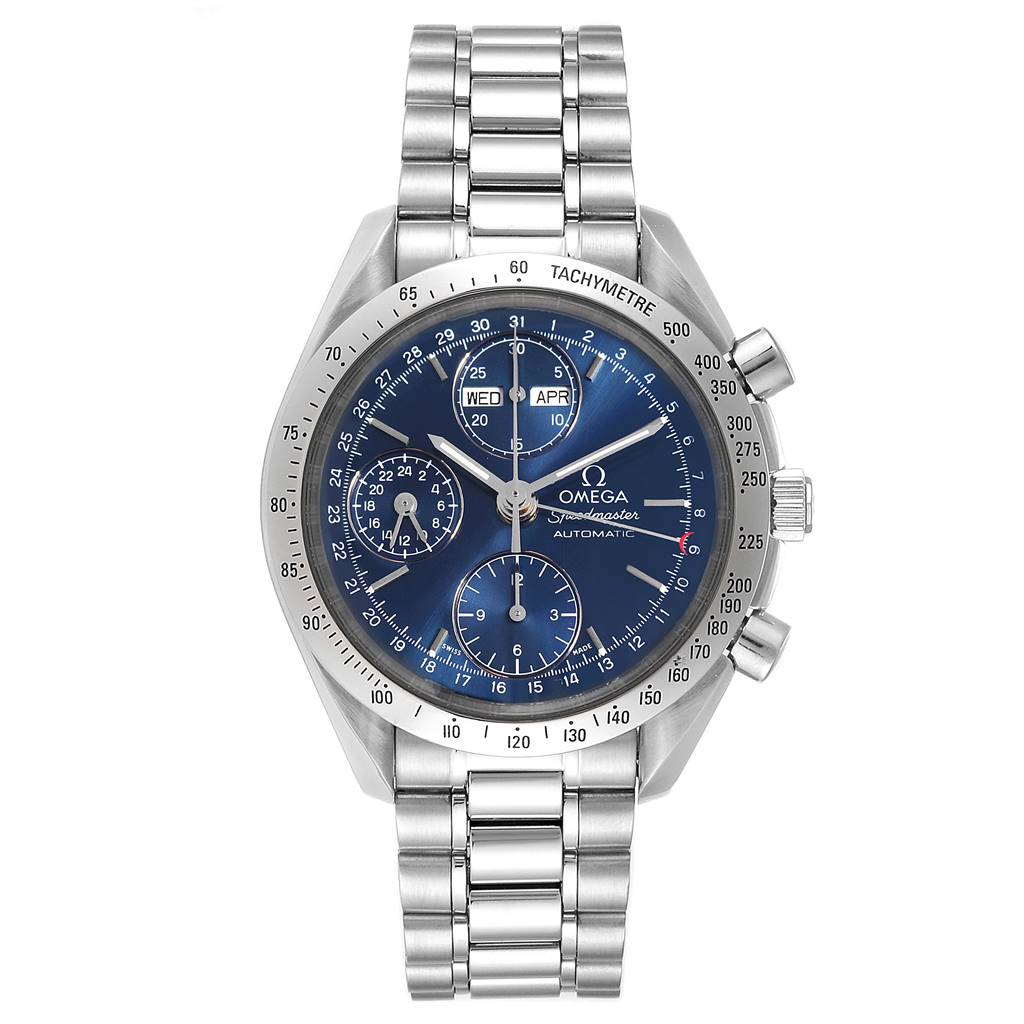 This image shows a front view of an Omega Speedmaster 3521.80.00 Men
s Stainless Steel Blue Dial 3521.80.00 Men
s Stainless Steel Blue Dial watch, displaying the face, tachymeter bezel, and stainless steel bracelet.