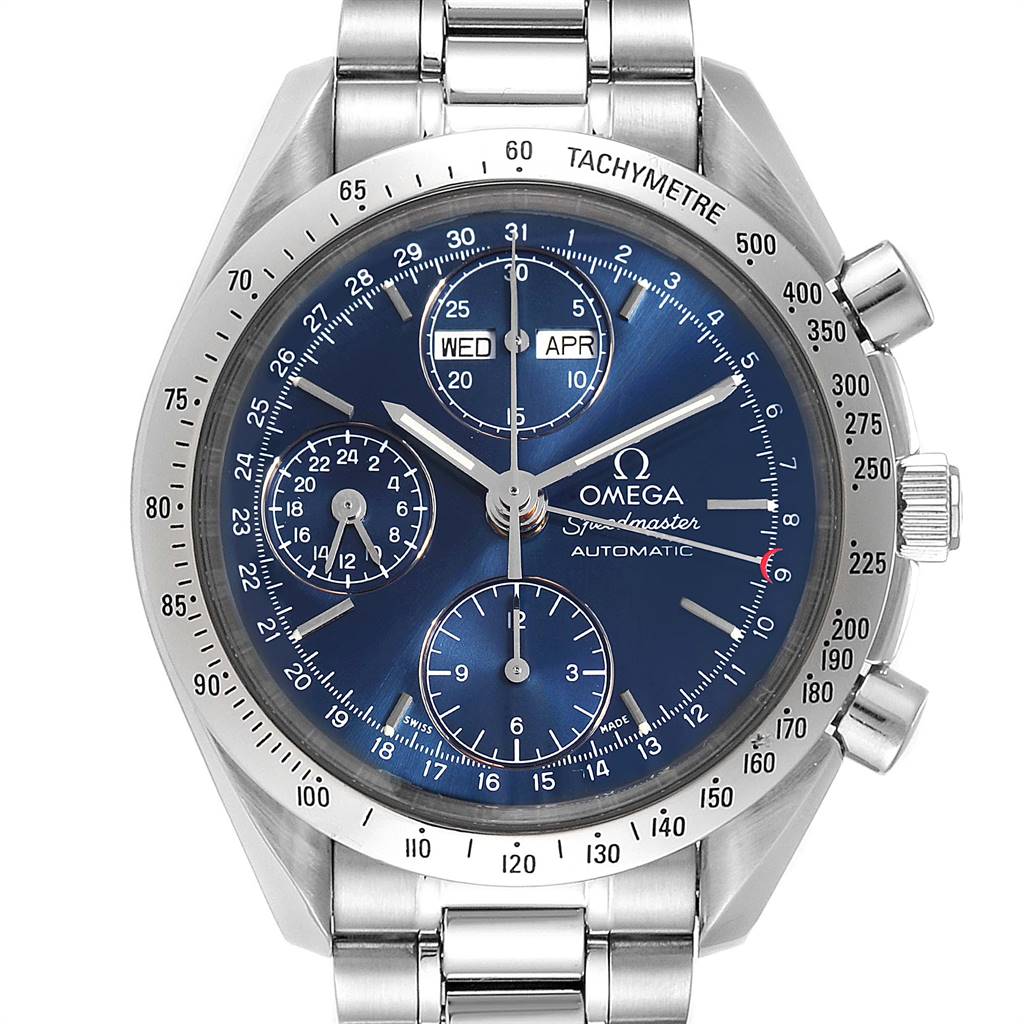 This image shows a front view of an Omega Speedmaster 3521.80.00 Men
s Stainless Steel Blue Dial 3521.80.00 Men
s Stainless Steel Blue Dial watch, displaying its blue dial, subdials, bezel, and stainless steel bracelet.