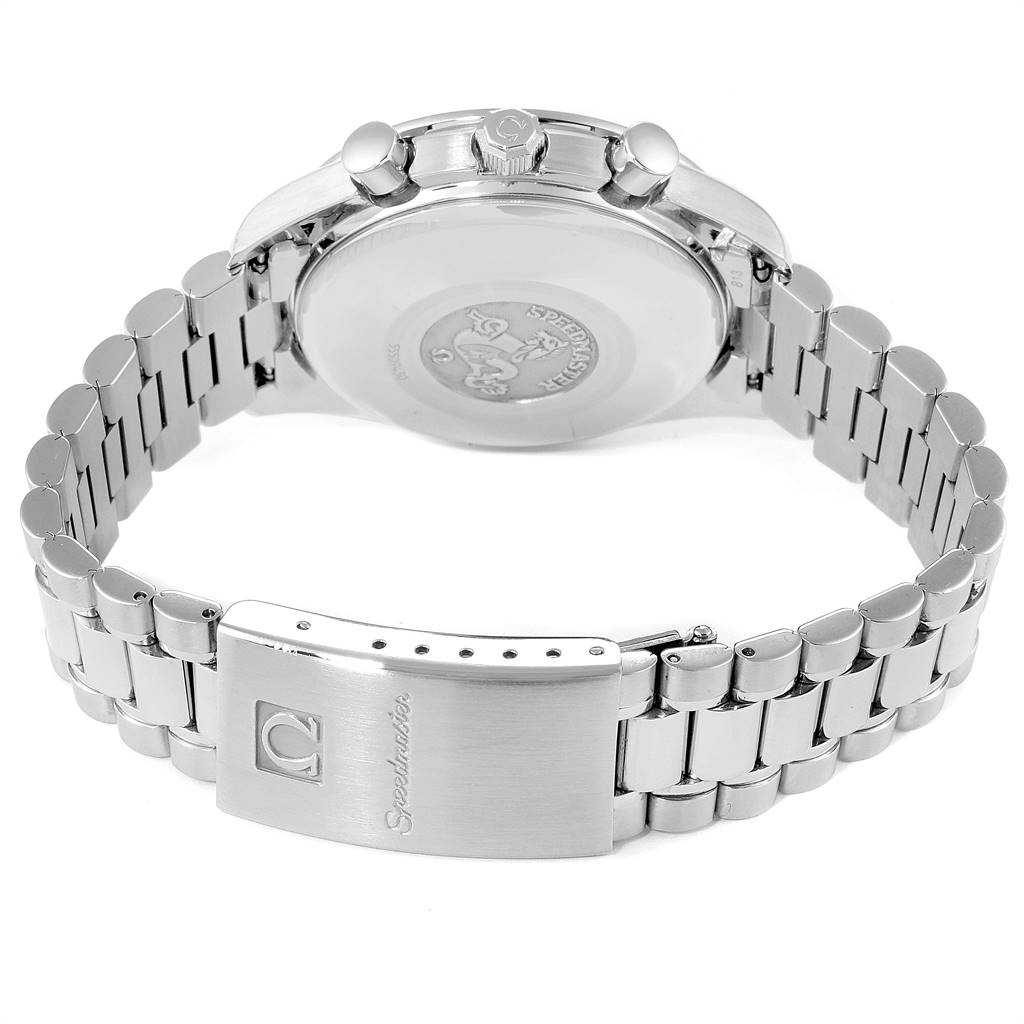 The image shows the backside and bracelet of an Omega Speedmaster 3521.80.00 Men
s Stainless Steel Blue Dial 3521.80.00 Men
s Stainless Steel Blue Dial watch, focusing on the clasp and case back.