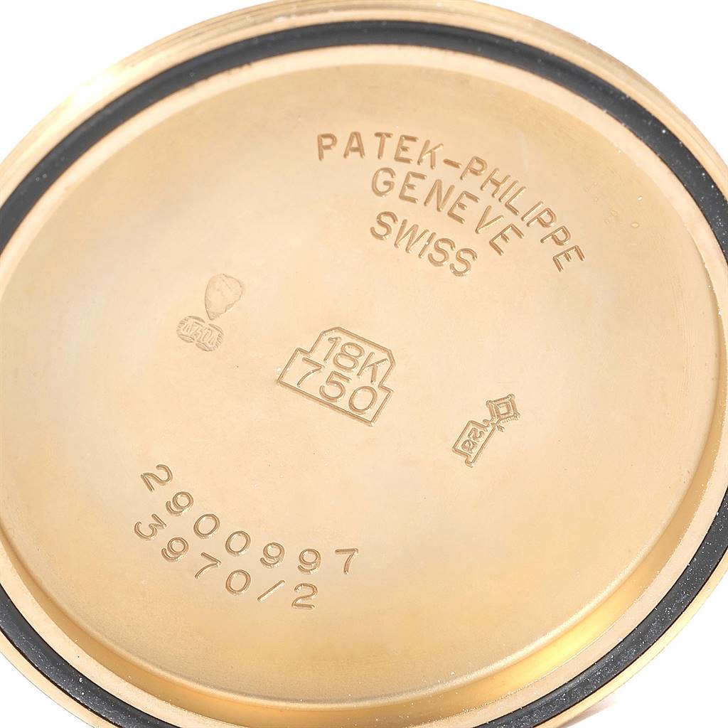 This image shows the inner side of the case back for the Patek Philippe 3970 Men's Yellow Gold Silver Dial 3970 Men's Yellow Gold Silver Dial Perpetual Calendar Chronograph Yellow Gold Mens Watch 3970 model.