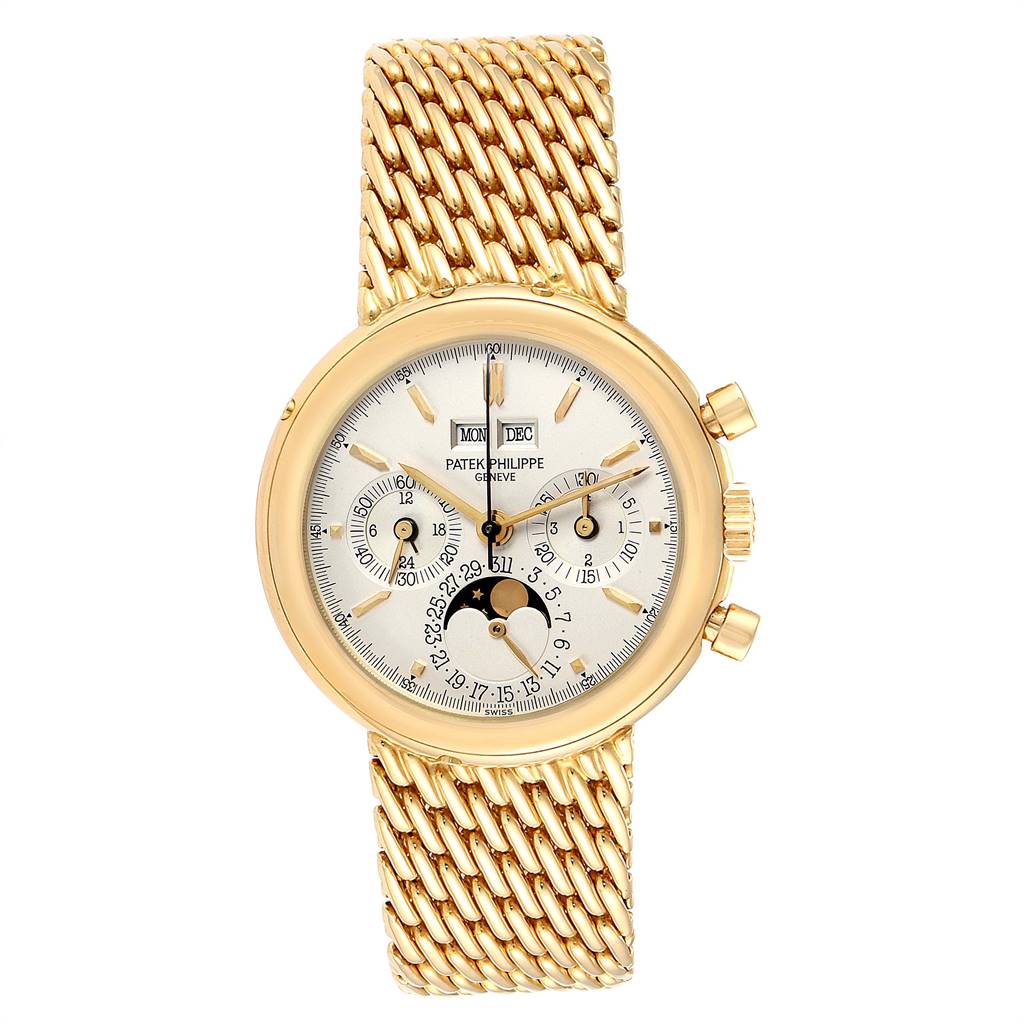 The image shows a front view of the Patek Philippe 3970 Men's Yellow Gold Silver Dial 3970 Men's Yellow Gold Silver Dial 3970 Perpetual Calendar Chronograph Yellow Gold Mens Watch.