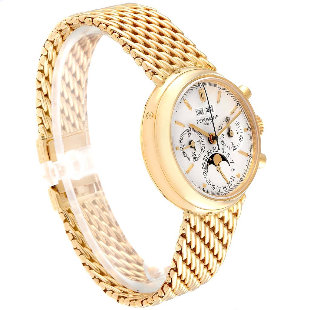 The image shows a side-angle view of the Patek Philippe 3970 Men's Yellow Gold Silver Dial 3970 Men's Yellow Gold Silver Dial Perpetual Calendar Chronograph Yellow Gold 3970 Mens Watch, highlighting the band and face.