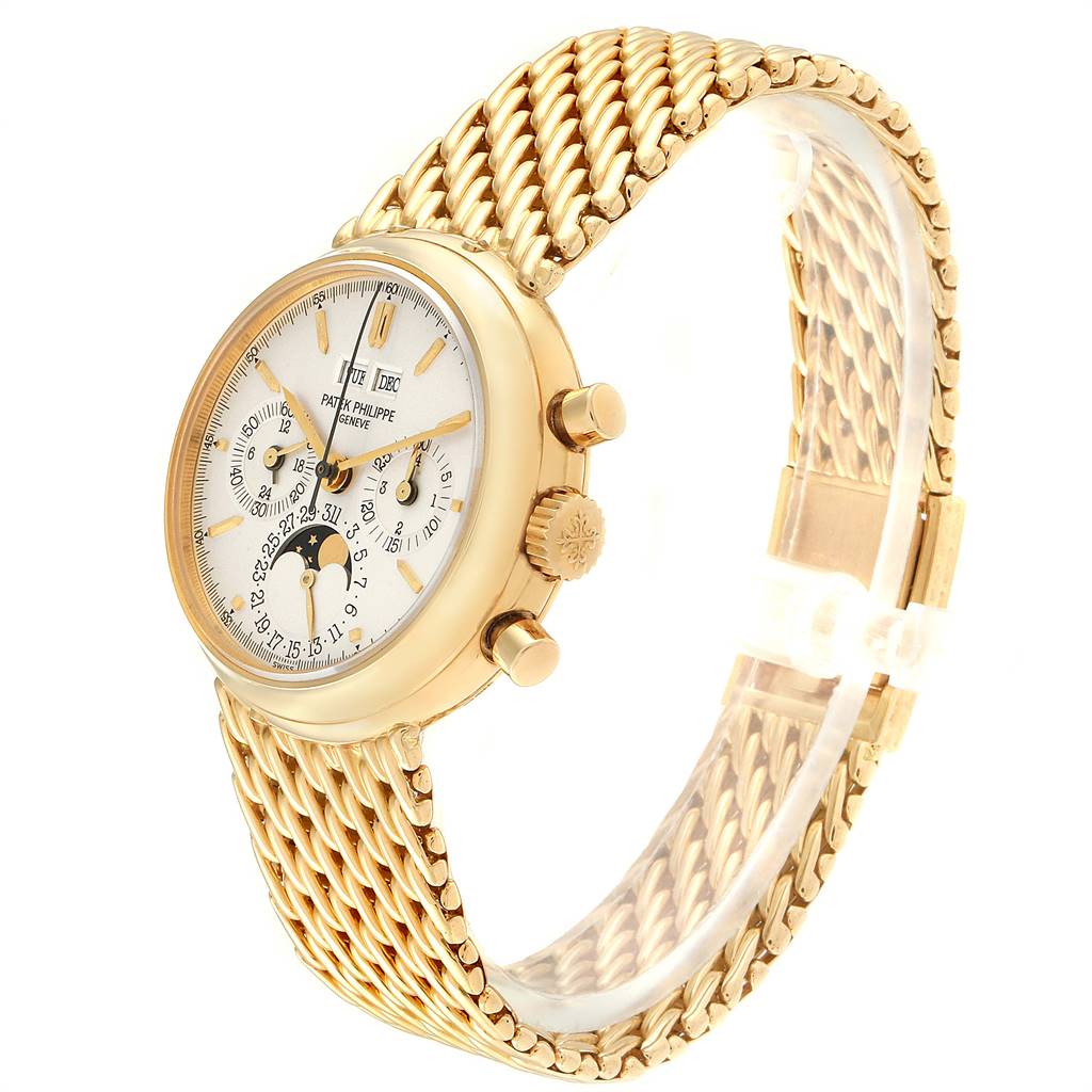 The image shows a side angle of the Patek Philippe 3970 Men's Yellow Gold Silver Dial 3970 Men's Yellow Gold Silver Dial Perpetual Calendar Chronograph Yellow Gold Men's Watch 3970, highlighting the dial and bracelet.