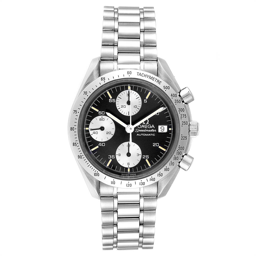 The image shows a front view of an Omega Speedmaster 3513.51.00 Men
s Stainless Steel Black Dial 3513.51.00 Men
s Stainless Steel Black Dial watch, displaying the dial, bezel, bracelet, and pushers.