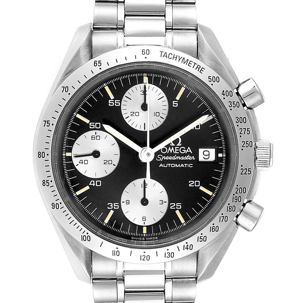 The image shows a front view of the Omega Speedmaster 3513.51.00 Men
s Stainless Steel Black Dial 3513.51.00 Men
s Stainless Steel Black Dial watch, displaying the dial, sub-dials, bezel, and part of the bracelet.