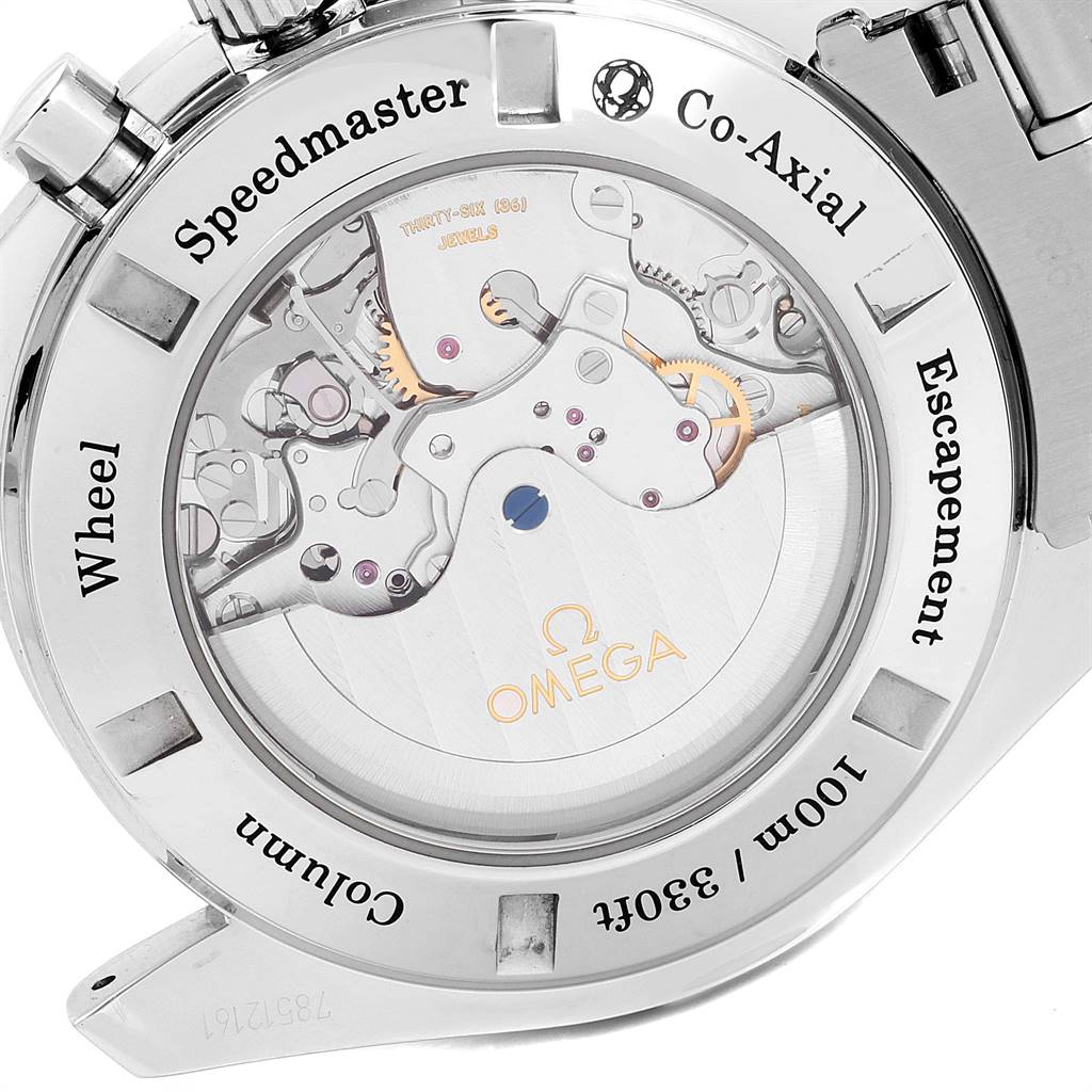 The image shows the back view of the Omega Speedmaster 311.30.44.50.01.002 Men
s Stainless Steel Black Dial 311.30.44.50.01.002 Men
s Stainless Steel Black Dial Co-Axial Escapement, highlighting the movement mechanism.