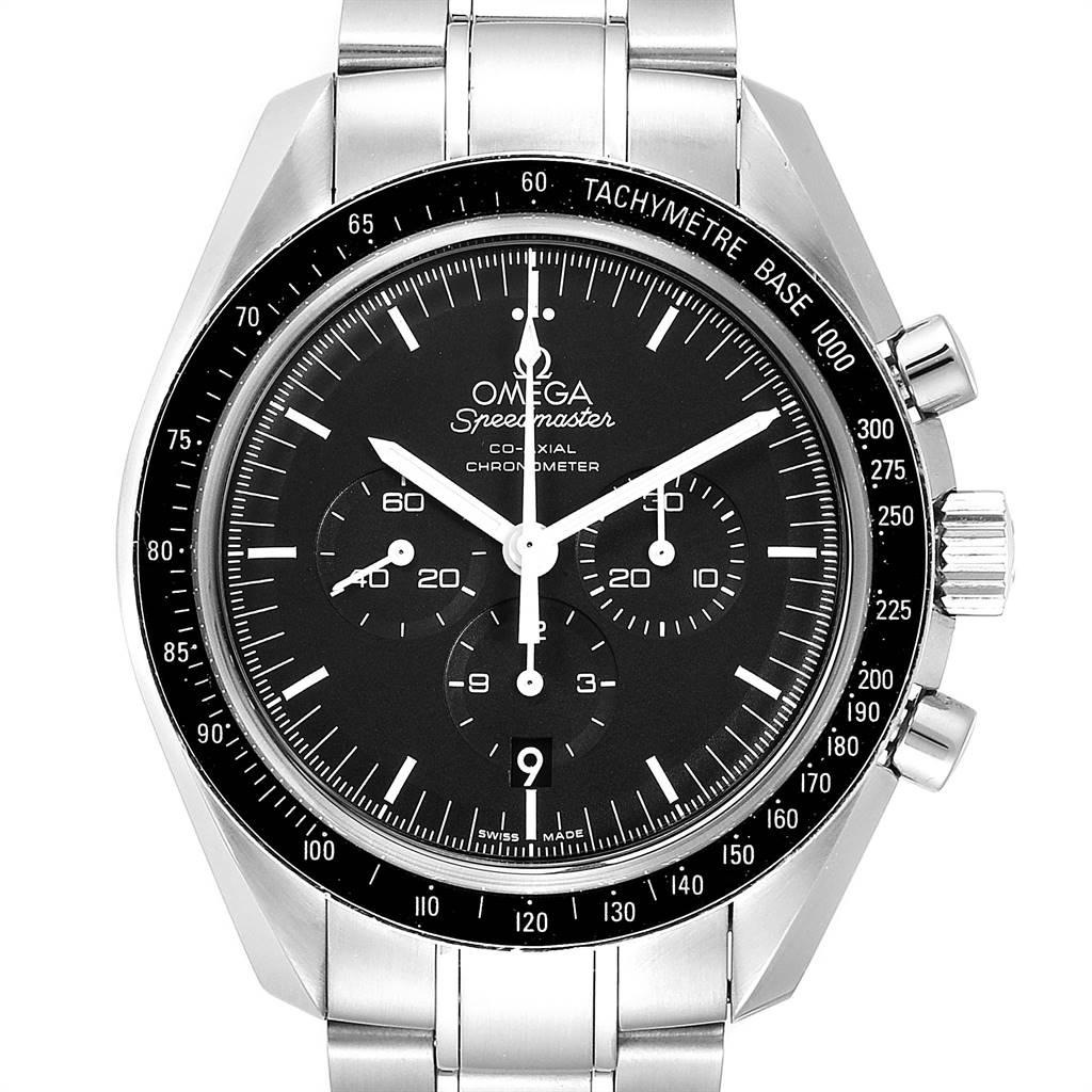 The image shows a frontal view of an Omega Speedmaster 311.30.44.50.01.002 Men
s Stainless Steel Black Dial 311.30.44.50.01.002 Men
s Stainless Steel Black Dial watch, displaying its face, bezel, and part of the bracelet.