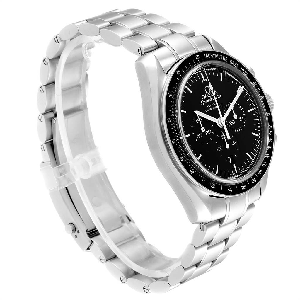 The image shows a side view of the Omega Speedmaster 311.30.44.50.01.002 Men
s Stainless Steel Black Dial 311.30.44.50.01.002 Men
s Stainless Steel Black Dial watch, highlighting its bracelet and case.