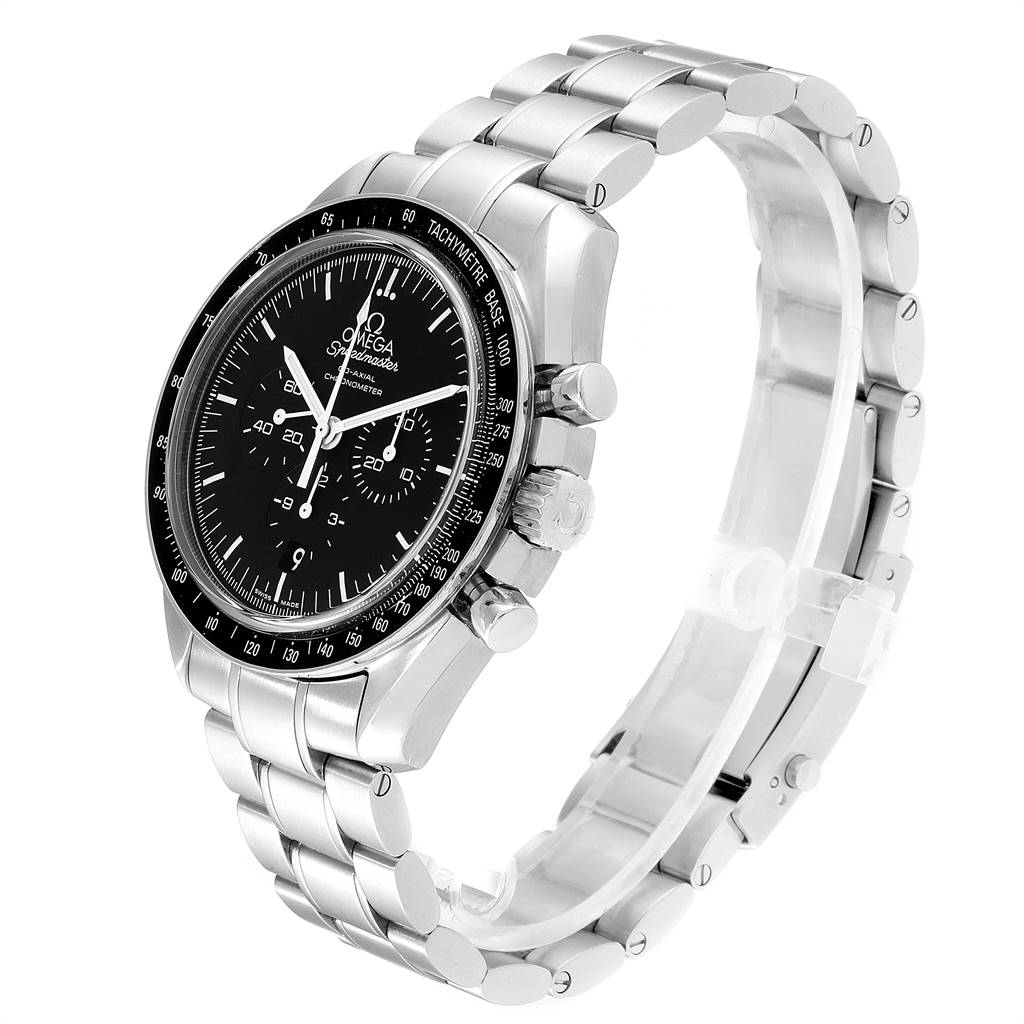 The Omega Speedmaster 311.30.44.50.01.002 Men
s Stainless Steel Black Dial 311.30.44.50.01.002 Men
s Stainless Steel Black Dial is shown at a three-quarter angle, displaying the watch face, bracelet, crown, and pushers.
