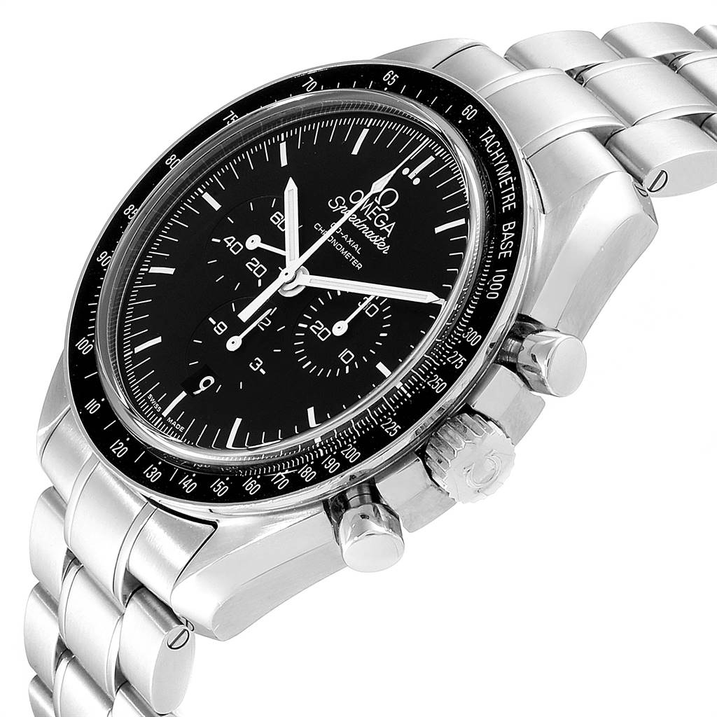 The image shows a close-up side angle of an Omega Speedmaster 311.30.44.50.01.002 Men
s Stainless Steel Black Dial 311.30.44.50.01.002 Men
s Stainless Steel Black Dial watch, highlighting the dial, bezel, and bracelet.