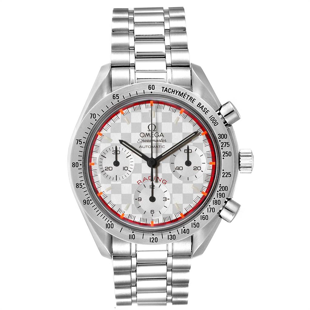 This image shows a front view of an Omega Speedmaster 3517.30.00 Men's Stainless Steel Silver Dial 3517.30.00 Men's Stainless Steel Silver Dial watch, displaying its face, bezel, and bracelet.