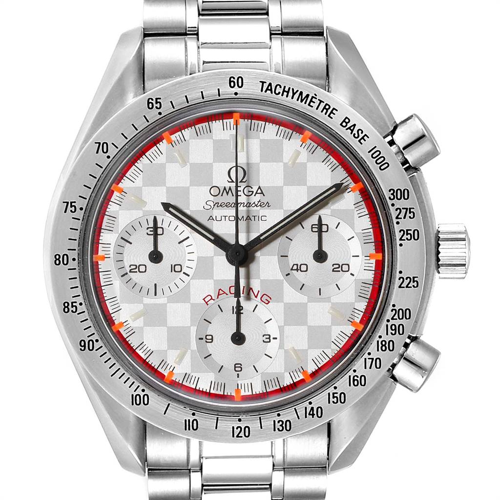 This image shows a frontal view of the Omega Speedmaster 3517.30.00 Men's Stainless Steel Silver Dial 3517.30.00 Men's Stainless Steel Silver Dial watch, highlighting the dial, bracelet, and tachymeter bezel.