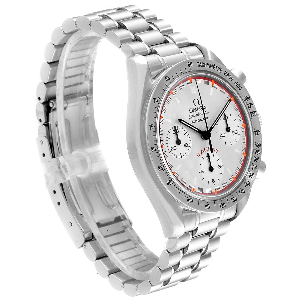 This image shows a side and front view of the Omega Speedmaster 3517.30.00 Men's Stainless Steel Silver Dial 3517.30.00 Men's Stainless Steel Silver Dial watch, highlighting its face, bezel, and bracelet.