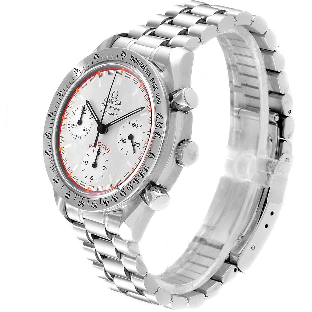 The Omega Speedmaster 3517.30.00 Men's Stainless Steel Silver Dial 3517.30.00 Men's Stainless Steel Silver Dial watch is shown at a slight angle, displaying its face, crown, pushers, and metal bracelet.