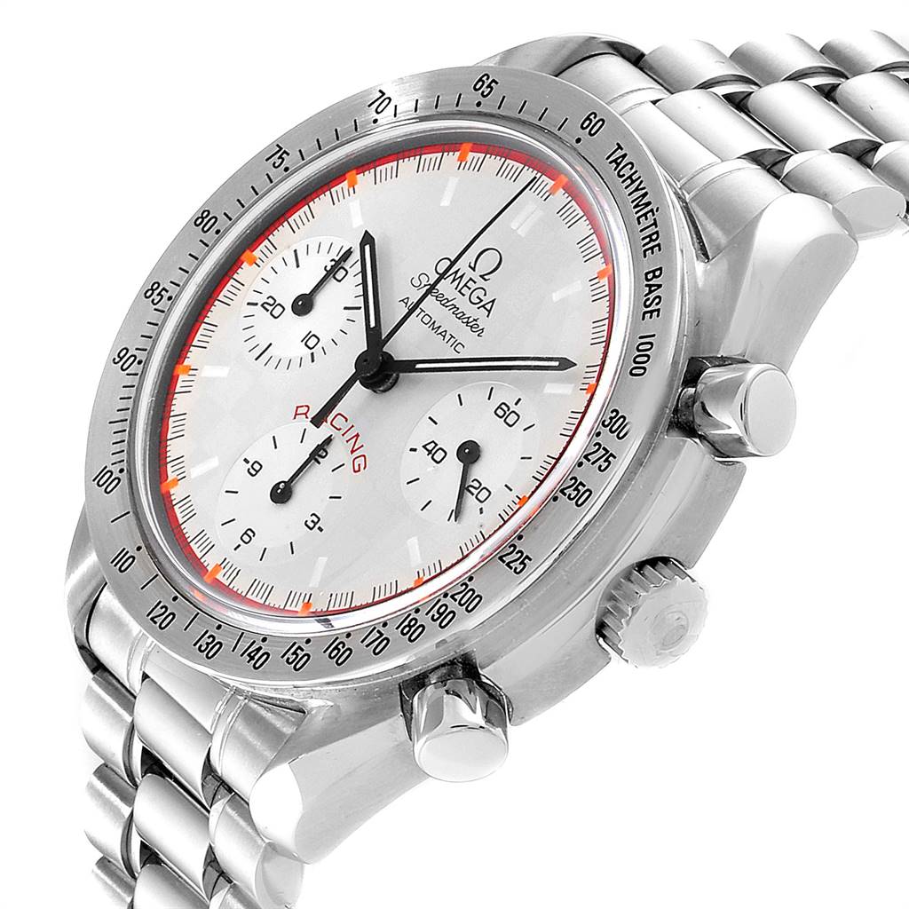 This image shows an Omega Speedmaster 3517.30.00 Men's Stainless Steel Silver Dial 3517.30.00 Men's Stainless Steel Silver Dial watch at an angle highlighting the dial, bezel, crown, pushers, and bracelet.