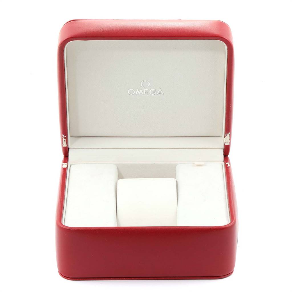 The image shows an open red Omega Speedmaster 3716.50.00 Men
s Steel and Gold (two tone) Black Dial 3716.50.00 Men
s Steel and Gold (two tone) Black Dial watch box from a front angle, with the brand name inside the lid.