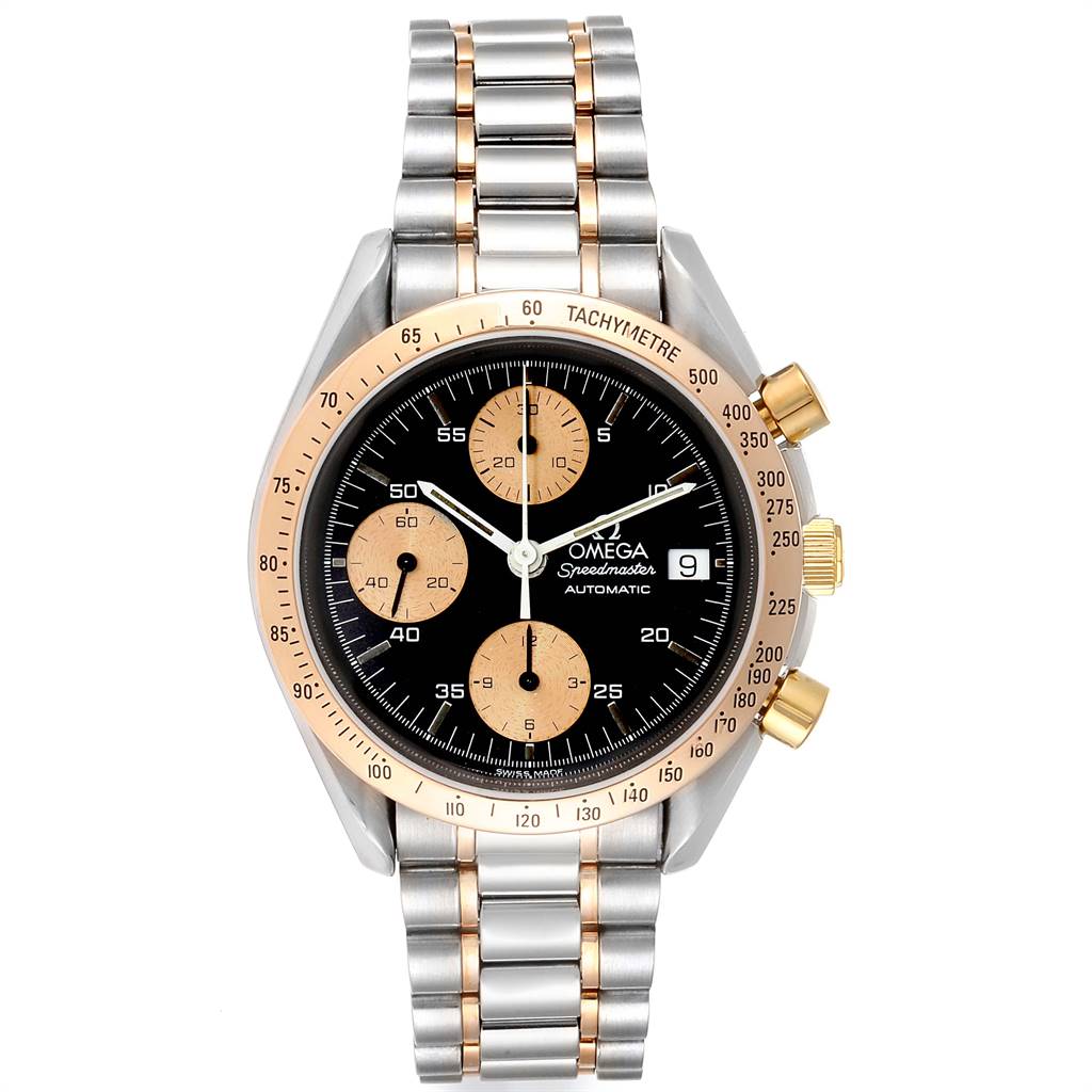 The image shows a front view of the Omega Speedmaster 3716.50.00 Men
s Steel and Gold (two tone) Black Dial 3716.50.00 Men
s Steel and Gold (two tone) Black Dial watch, featuring its dial, bezel, and bracelet.