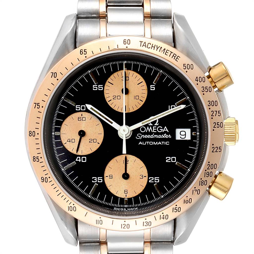 The image shows a front view of an Omega Speedmaster 3716.50.00 Men
s Steel and Gold (two tone) Black Dial 3716.50.00 Men
s Steel and Gold (two tone) Black Dial watch displaying the dial, subdials, tachymeter, date, and stainless steel bracelet.