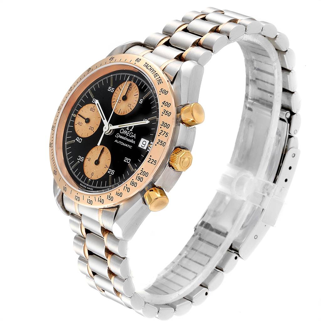This is an angled side view of an Omega Speedmaster 3716.50.00 Men
s Steel and Gold (two tone) Black Dial 3716.50.00 Men
s Steel and Gold (two tone) Black Dial watch, showing the face, bezel, crown, pushers, and bracelet.