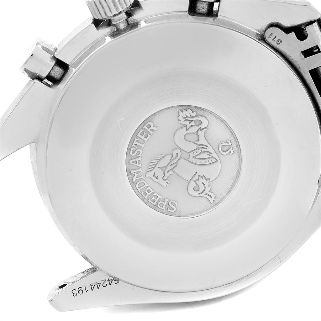 The image shows the back case and crown of an Omega Speedmaster 3510.50.00 Men
s Stainless Steel Black Dial 3510.50.00 Men
s Stainless Steel Black Dial watch.