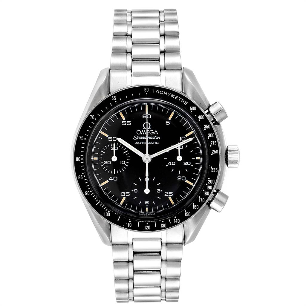 This image shows a front view of an Omega Speedmaster 3510.50.00 Men
s Stainless Steel Black Dial 3510.50.00 Men
s Stainless Steel Black Dial watch, featuring a black dial and a stainless steel bracelet.