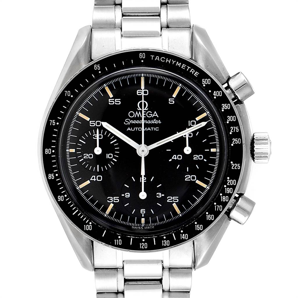 The Omega Speedmaster 3510.50.00 Men
s Stainless Steel Black Dial 3510.50.00 Men
s Stainless Steel Black Dial watch is shown from the front, displaying its black dial, chronograph subdials, and stainless steel bracelet.